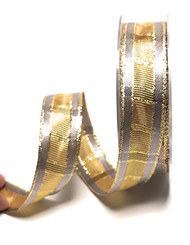 Mabella Schleifenband 20m x 25mm Gold - Silbergrau kariert Weihnachtsband Dekoband Geschenkband [2897] von Mabella