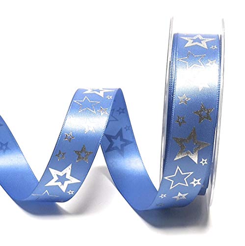 Mabella Schleifenband 20m x 25mm Satinband Sterne blau - Silber Dekoband [6085] von Mabella