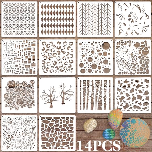 Mabor 14 Stück Mixed Media Schablonen Muster ，für DIY Handwerk Schablonen Wand Boden Dekor Textilgestaltung Stencil Malschablonen Äste Geometrische Styling Schablone für Briefmarkenkarten von Mabor