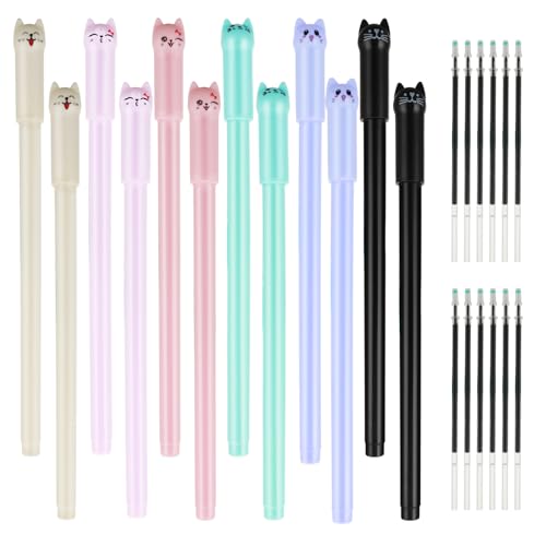 Mabor 12 Stück Süße Katze Kugelschreiber Fine Point Gel Stifte für Kinder 0,5 mm Schwarze Tinte Stift Kawaii Stifte für Schule Büro Lieferungen Schreibgriffe Pens(12 Ersatz Nachfüllungen) von Mabor