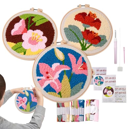 Maciun Stickset – Basteln für Erwachsene mit Blumenmuster, Anleitung im Lieferumfang enthalten, 3 x Nähset, handgefertigtes Handwerk für Kinder und Erwachsene von Maciun