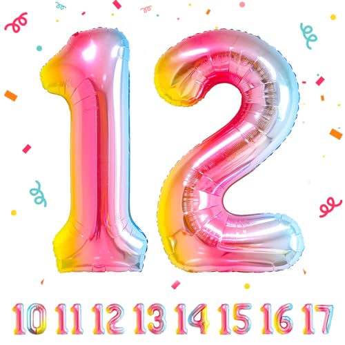 12 Geburtstag Deko zahlen luftballon 12 jahre | Folienballon Regenbogen - für 12. Geburtstagsdeko Männer Frauen Ballon Zahl Deko zum Geburtstag fliegt mit Helium 12.Geburtstagsparty 40"-101cm von Maclunar
