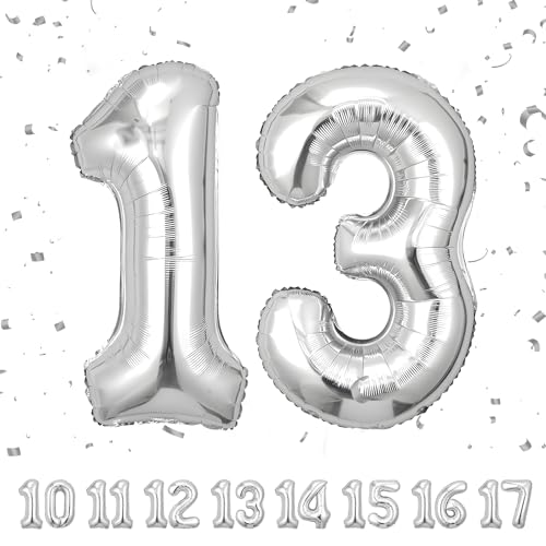13 Geburtstag Deko zahlen luftballon 13 jahre | Folienballon Sliber - für 13. Geburtstagsdeko Männer Frauen Ballon Zahl Deko zum Geburtstag fliegt mit Helium 13.Geburtstagsparty 40"-101cm von Maclunar
