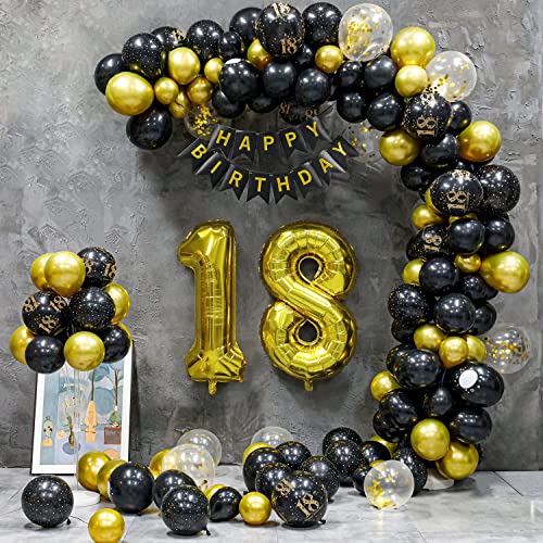 18 Geburtstag Deko, 18 Geburtstag Mädchen Junge , 18 Jahre Geburtstagdeko, Happy Birthday Girlande Ballon Schwarz Gold Dekoration, Deko 18 Geburtstag Konfetti Luftballons Birthday Party Mann Frauen von Maclunar