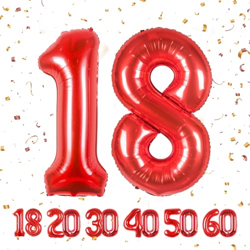 18 Geburtstag Deko zahlen luftballon 18 jahre | Folienballon Rot - für 18. Geburtstagsdeko Männer Frauen Ballon Zahl Deko zum Geburtstag fliegt mit Helium 18.Geburtstagsparty 40"-101cm von Maclunar