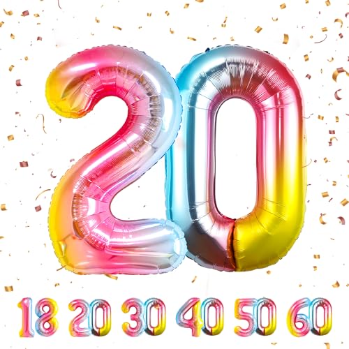 20 Geburtstag Deko zahlen luftballon 20 jahre | Folienballon Regenbogen - für 20. Geburtstagsdeko Männer Frauen Ballon Zahl Deko zum Geburtstag fliegt mit Helium 20.Geburtstagsparty 40"-101cm von Maclunar