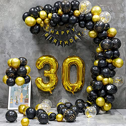 30 Geburtstag Deko, 30 . Geburtstag Mann Frauen, 30 Jahre Geburtstagdeko, Happy Birthday Girlande Ballon Schwarz Gold Dekoration, Deko 30 . Geburtstag Konfetti Luftballons Birthday Party von Maclunar
