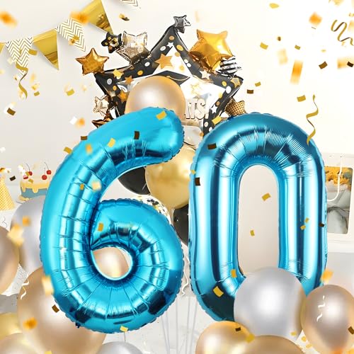 60 Geburtstag Deko zahlen luftballon 60 jahre | Folienballon Blau- für 60. Geburtstagsdeko Männer Frauen Ballon Zahl Deko zum Geburtstag fliegt mit Helium von Maclunar