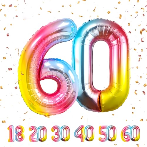 60 Geburtstag Deko zahlen luftballon 60 jahre | Folienballon Regenbogen- für 60. Geburtstagsdeko Männer Frauen Ballon Zahl Deko zum Geburtstag fliegt mit Helium von Maclunar