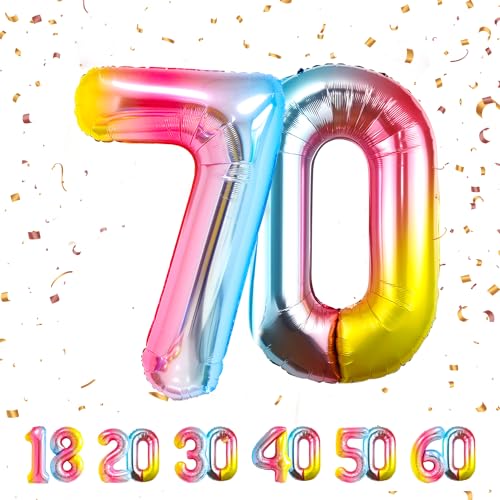 70 Geburtstag Deko zahlen luftballon 70 jahre | Folienballon Regenbogen- für 70. Geburtstagsdeko Männer Frauen Ballon Zahl Deko zum Geburtstag fliegt mit Helium von Maclunar