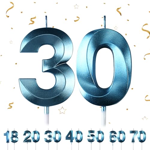 Geburtstagskerzen Zahlen 30,3D Blau Geburtstagskerzen,Kerzen Geburtstag Zahl 30, Kuchen Topper Dekoration Kuchendeko Geburtstag, Geburtstagskerzen für Geburtstagsdeko von Maclunar