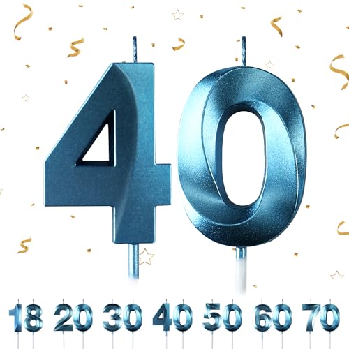 Geburtstagskerzen Zahlen 40,3D Blau Geburtstagskerzen,Kerzen Geburtstag Zahl 40, Kuchen Topper Dekoration Kuchendeko Geburtstag, Geburtstagskerzen für Geburtstagsdeko von Maclunar