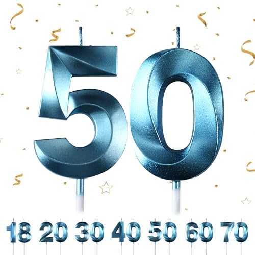 Geburtstagskerzen Zahlen 50,3D Blau Geburtstagskerzen,Kerzen Geburtstag Zahl 50, Kuchen Topper Dekoration Kuchendeko Geburtstag, Geburtstagskerzen für Geburtstagsdeko von Maclunar