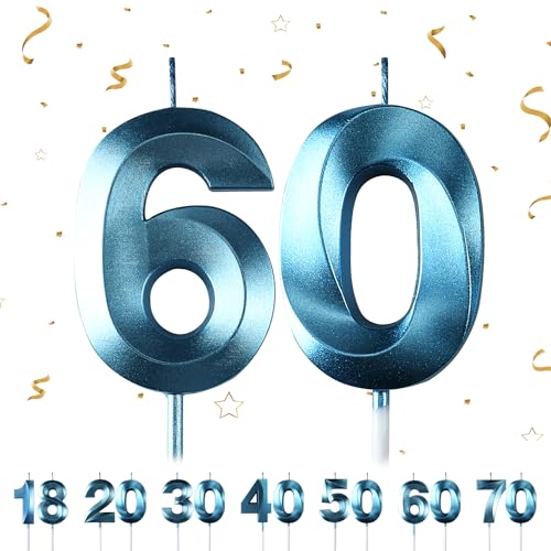 Geburtstagskerzen Zahlen 60,3D Blau Geburtstagskerzen,Kerzen Geburtstag Zahl 60, Kuchen Topper Dekoration Kuchendeko Geburtstag, Geburtstagskerzen für Geburtstagsdeko von Maclunar