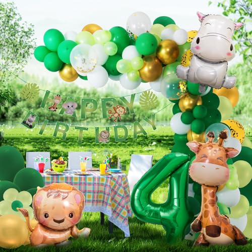 Dschungel Geburtstag Dekoration 4 jahr,Safari Geburtstagsdeko Ballons,Grüne Waldtiere Luftballon Tiere Deko 4. Geburtstag Junge Mädchen,Wild One Geburtstag Deko Party von Maclunar