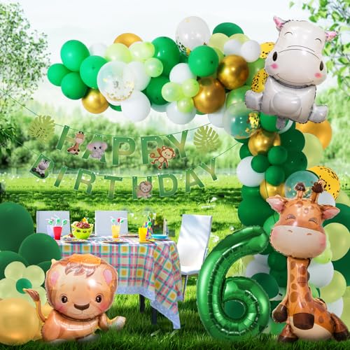 Dschungel Geburtstag Dekoration 6 jahr,Safari Geburtstagsdeko Ballons,Grüne Waldtiere Luftballon Tiere Deko 6. Geburtstag Junge Mädchen,Wild One Geburtstag Deko Party von Maclunar