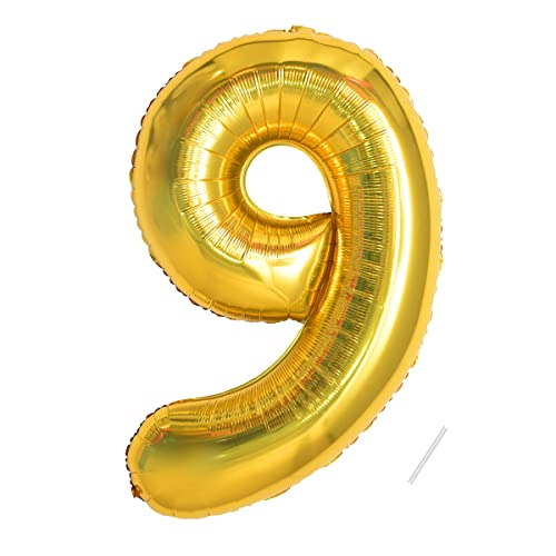 Geburtstag zahlen luftballon 9 jahre | Folienballon 9 XXL Gold-Riesen Folienballon in 40" - 101cm Geburtstagsdeko - Ballon Zahl Deko zum Geburtstag - fliegt mit Helium von Maclunar