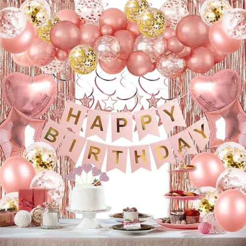 Macrak Geburtstag Party Dekorationen Set Happy Birthday Banner, Fransenvorhang, Herz Stern Folie Konfetti Luftballons, Hängende Wirbel für Frauen Mädchen Prinzessin Party (Roségold) von Macrak