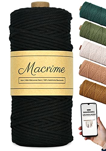 Macrime Premium Makramee Garn Schwarz | 3mm x 100m | Anleitung/Ebook | 100% natürliche Baumwolle | 4-Strang gedrehtes Baumwollgarn | DIY Macrame Garn zum Basteln von Macrime