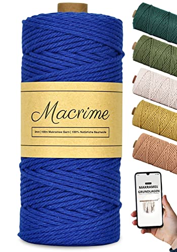 Macrime Premium Makramee Garn Blau 3mm x 100m + Anleitung/Ebook - 100% natürliche Baumwolle, 4-fach gezwirntes Baumwollgarn - DIY Baumwollkordel zum Basteln von Macrime