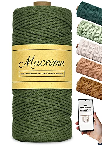 Macrime Premium Makramee Garn Oliv 3mm x 100m + Anleitung/Ebook - 100% natürliche Baumwolle, 4-Fach gezwirntes Baumwollgarn - DIY Baumwollkordel zum Basteln von Macrime