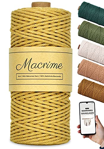 Macrime Premium Makramee Garn Senfgelb | 3mm x 100m | Anleitung/Ebook | 100% natürliche Baumwolle | 4 Stränge geflochtenes Baumwollgarn | DIY Macrame Garn zum Basteln von Macrime