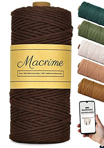 Premium Makramee Garn 3mm x 100m [Braun] + Anleitung/Ebook - 100% natürliche Baumwolle, 4-Fach gezwirntes Baumwollgarn - DIY Baumwollkordel zum Basteln von Macrime