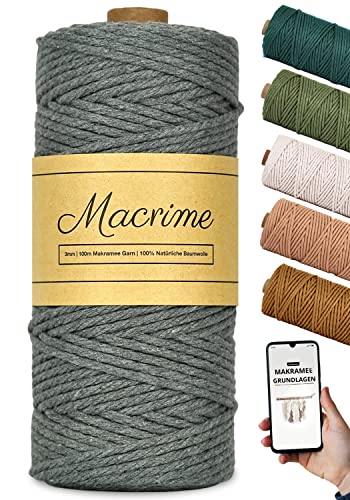Premium Makramee Garn 3mm x 100m [Dunkelgrau] + Anleitung/Ebook - 100% natürliche Baumwolle, 4-Fach gezwirntes Baumwollgarn - DIY Baumwollkordel zum Basteln von Macrime
