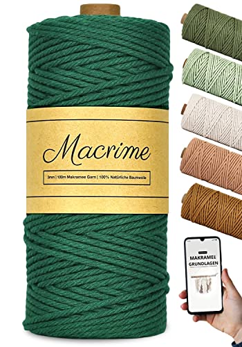 Premium Makramee Garn 3mm x 100m [Dunkelgrün] + Anleitung/Ebook - 100% natürliche Baumwolle, 4-Fach gezwirntes Baumwollgarn - DIY Baumwollkordel zum Basteln von Macrime