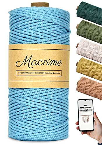 Premium Makramee Garn 3mm x 100m [Hellblau] + Anleitung/Ebook - 100% natürliche Baumwolle, 4-Fach gezwirntes Baumwollgarn - DIY Baumwollkordel zum Basteln von Macrime