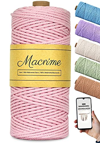 Premium Makramee Garn 3mm x 100m [Rosa] + Anleitung/Ebook - 100% natürliche Baumwolle, 4-Fach gezwirntes Baumwollgarn - DIY Baumwollkordel zum Basteln von Macrime