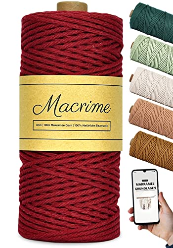 Premium Makramee Garn 3mm x 100m [Weinrot] + Anleitung/Ebook - 100% natürliche Baumwolle, 4-Fach gezwirntes Baumwollgarn - DIY Baumwollkordel zum Basteln von Macrime