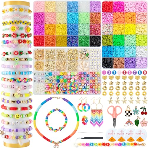 Mactoou Perlen für Armbänder, 12000+ Stück Selber Machen Perlen Set, 6mm Polymer Clay Perlen, 3mm Glasperlen mit perlen buchstaben und Anhänger für Schmuckherstellung Halsketten Making Kit von Mactoou