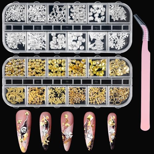 Madenia 600 Stück 3D Nagel Charms - Gold Silber Stern Mond Muschel Nagel Edelsteine DIY Handwerk, Y2K Punk Metall Legierung Niete Nagel Studs Nail Charms für Nagelkunst Dekorationen Zubehör (30PCS) von Madenia