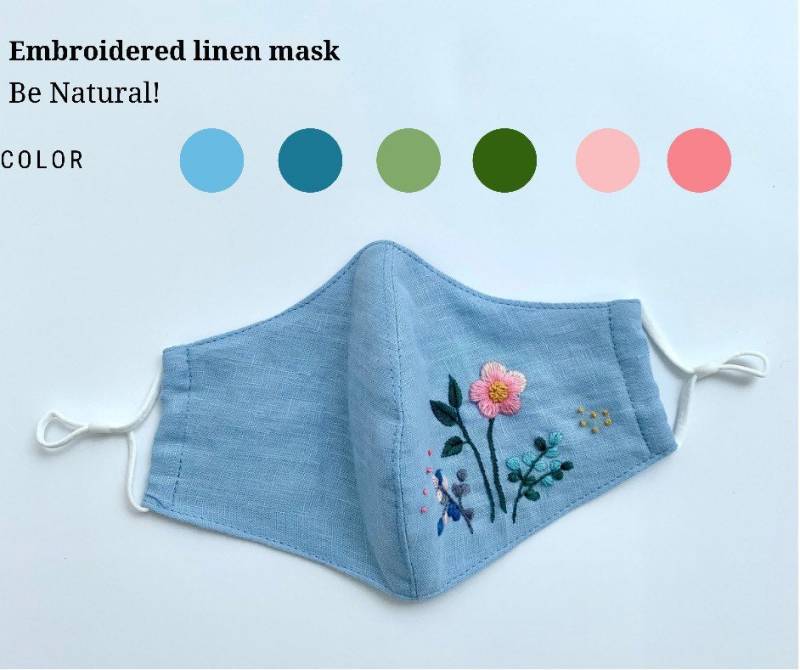 Bestickte Leinen Maske , Handgemachte Maske, Verstellbare Ohrenschlaufen von MadewithloveByCherry