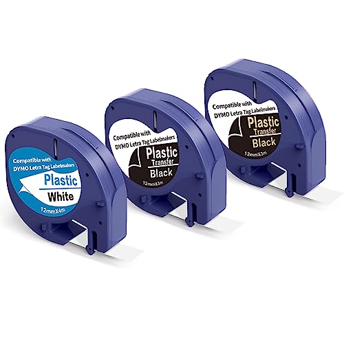 3 X Band Kompatible zum Dymo Letratag Tape 12mm x 3m als Ersatz für Dymo LetraTag Plastic Black Kunststoff für LT110T LT100H LT100T QX50 XR XM 2000 Plus von Madhurlabels