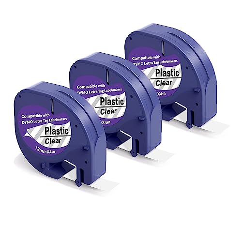 3 X Kompatibel mit Dymo Etikettenband, Alternative zu Dymo Letratag Etikettenband Kunststoff Schriftband, 12mm x 4m Transparent Plastic Band für LT-100H LT-100T LT-110T XR 3 X Kompatibel mit Dymo Etikettenband, Alternative zu Dymo Letratag Etikettenband Kunststoff Schriftband, 12mm x 4m Transparent Plastic Band für LT-100H LT-100T LT-110T XR von Madhurlabels