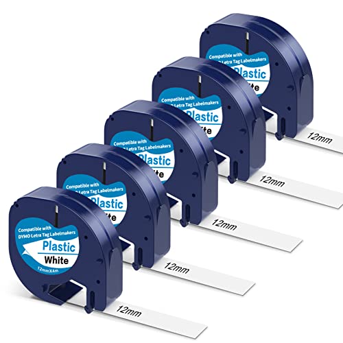 5 X Madhurlabels Etikettenband Kompatibel mit Dymo Letratag Etikettenband, Kompatible für Dymo Etikettenband, 91221 Schwarz auf Weiß 12mm x 4m für Beschriftungsgerät LT-100H LT-100T von Madhurlabels