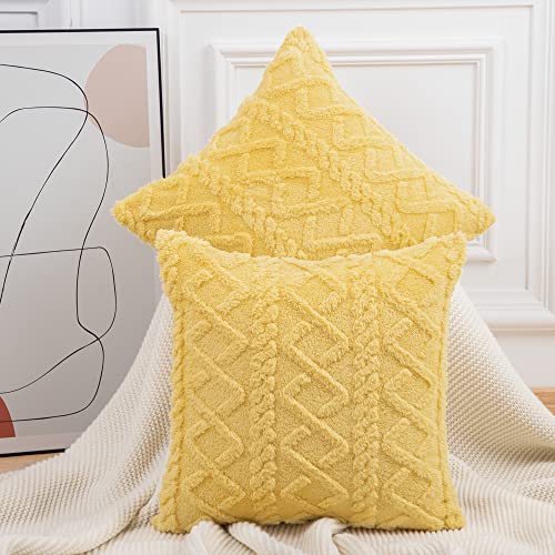 Madizz 2er Set Sanft Kurze Wolle Fleece Dekorativ Zierkissenbezüge Luxus Stil Kissenbezug für Sofa für Schlafzimmer Gelb 30x30 cm Quadrat von Madizz