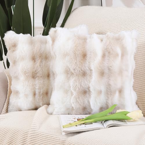 Madizz 2er Set Sanft Plüsch Kurze Wolle Samt Dekorativ Zierkissenbezüge Luxus Stil Kissenbezug für Sofa für Schlafzimmer Weiß Beige 55x55 cm von Madizz
