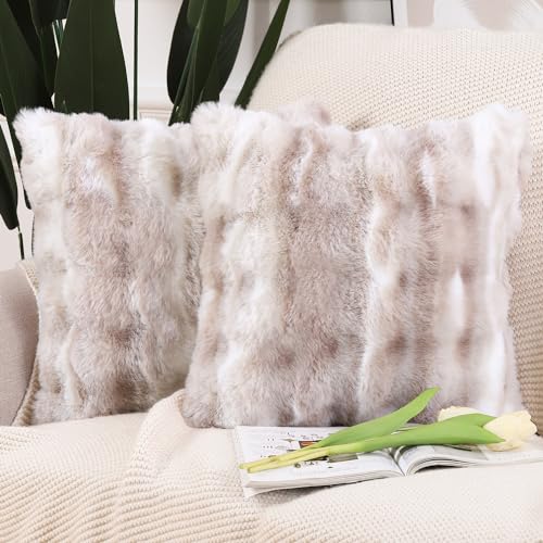 Madizz 2er Set Sanft Plüsch Kurze Wolle Samt Dekorativ Zierkissenbezüge Luxus Stil Kissenbezug für Sofa für Schlafzimmer Weiß Taupe 60x60 cm von Madizz
