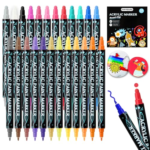 Mafagwre Acrylstifte für Steine Wasserfest, Acrylic Paint Marker, Steine Bemalen Stifte, 24 Farbige Dual Tip, Premium Wasserfest Paint Marker Set für Papier, Holz, Ostereier von Mafagwre