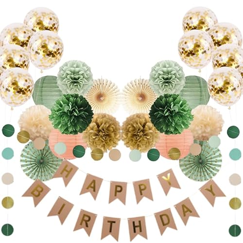 Mafagwre Salbeigrün Rosa Geburtstagsdeko, Party Deko, Pompoms Papierfächer, Happy Birthday Banner, Papierlaternen, Geburtstag Deko Für Frauen Mädchen Neutral Geburtstag Party Deko (A) von Mafagwre