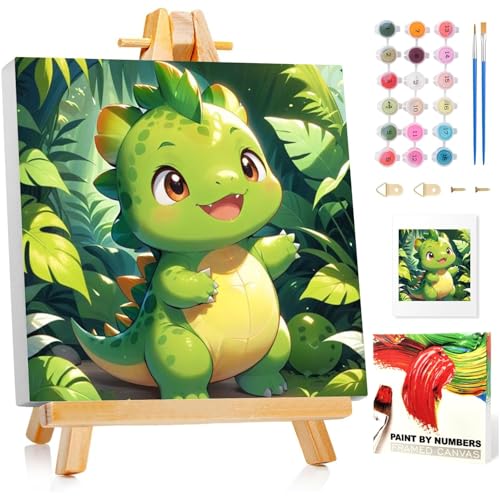 Mafenr Art Malen nach Zahlen für Kinder, Dinosaurier, Malen nach Zahlen, für Dekoration und Geschenke, mit Rahmen und Staffelei (20 x 20 cm) von Mafenr Art