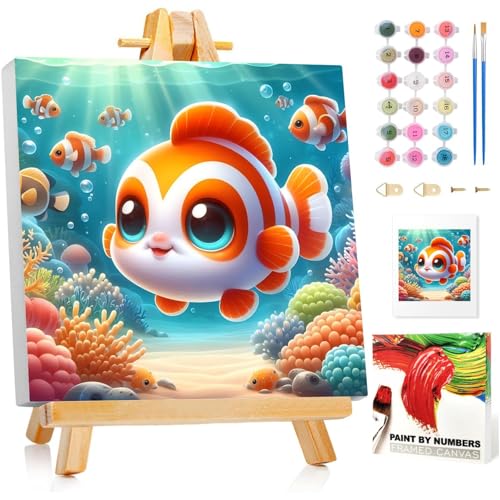 Malen Nach Zahlen Kinder mit Rahmen, Fisch Malen Nach Zahlen ab 5 6 7 8 9 10 Jahre Mädchen und Junge, Paint by Numbers für Geschenke und Wand Dekoration (20x20cm) Mit Staffelei von Mafenr Art