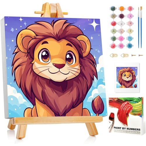 Malen Nach Zahlen Kinder mit Rahmen, Löwe Malen Nach Zahlen ab 5 6 7 8 9 10 Jahre Mädchen und Junge, Paint by Numbers für Geschenke und Wand Dekoration (20x20cm) Mit Staffelei von Mafenr Art