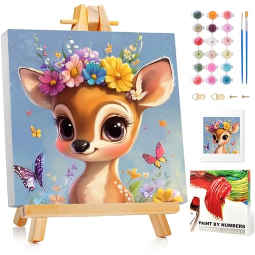 Malen Nach Zahlen Kinder mit Rahmen, Reh Malen Nach Zahlen ab 5 6 7 8 9 10 Jahre Mädchen und Junge, Paint by Numbers für Geschenke und Wand Dekoration (20x20cm) Mit Staffelei von Mafenr Art
