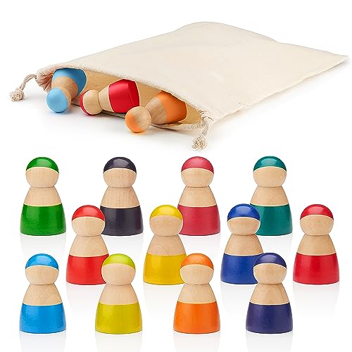 Magaluga 12x Montessori Holzspielzeug Holzmännchen Holzfiguren Regenbogen Spielzeug für Kinder ab 2 Jahren Lernspiel Holzpuppen Motorikspielzeug Sortierspielzeug Geschenk Jungen Mädchen (Rein-Bunt) von Magaluga