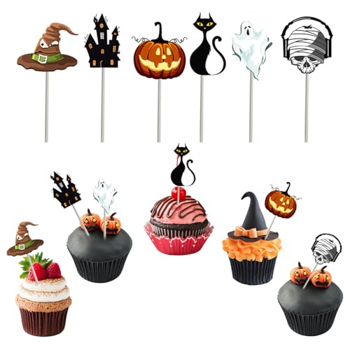 Halloween Cupcake Toppers, Tortendeko Halloween Fledermaus, 24 Stück Kürbis Spinnennetz Geist Muffin Deko, Party Dekoration Zubehör für Horror Mottoparty Supplies, Cupcake Topper 6 Stile. von MagiSel