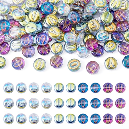 Magibeads 100 Stück Glasperlen, 10 mm, Vokal-Buchstabenperlen, flach, rund, Freundschaftsarmband, schillernd, kleine Initialen, Alphabet, Kandi-Perlen für Bastelarbeiten von Magibeads